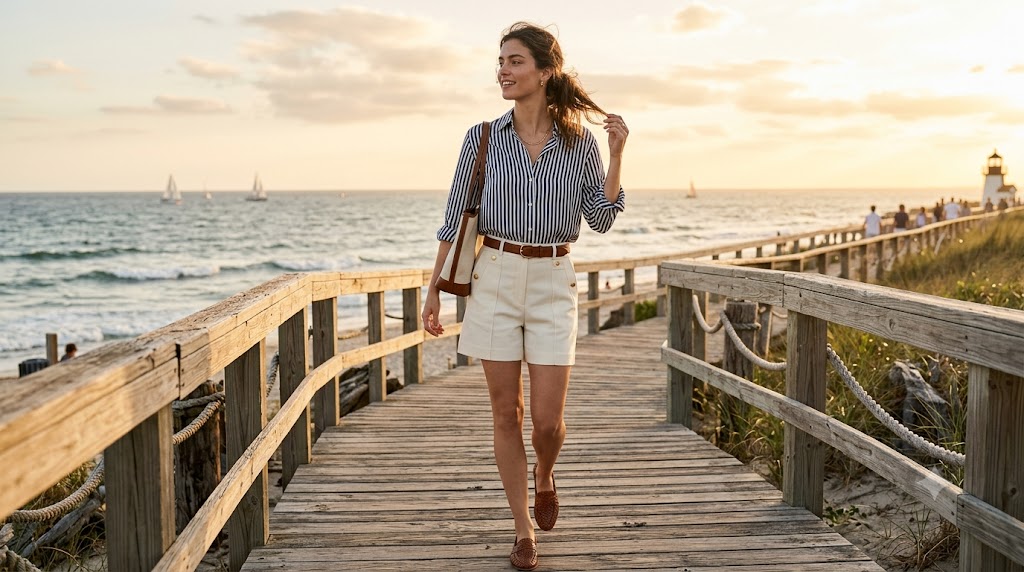 Striped Silk Shirt & Cream Shorts